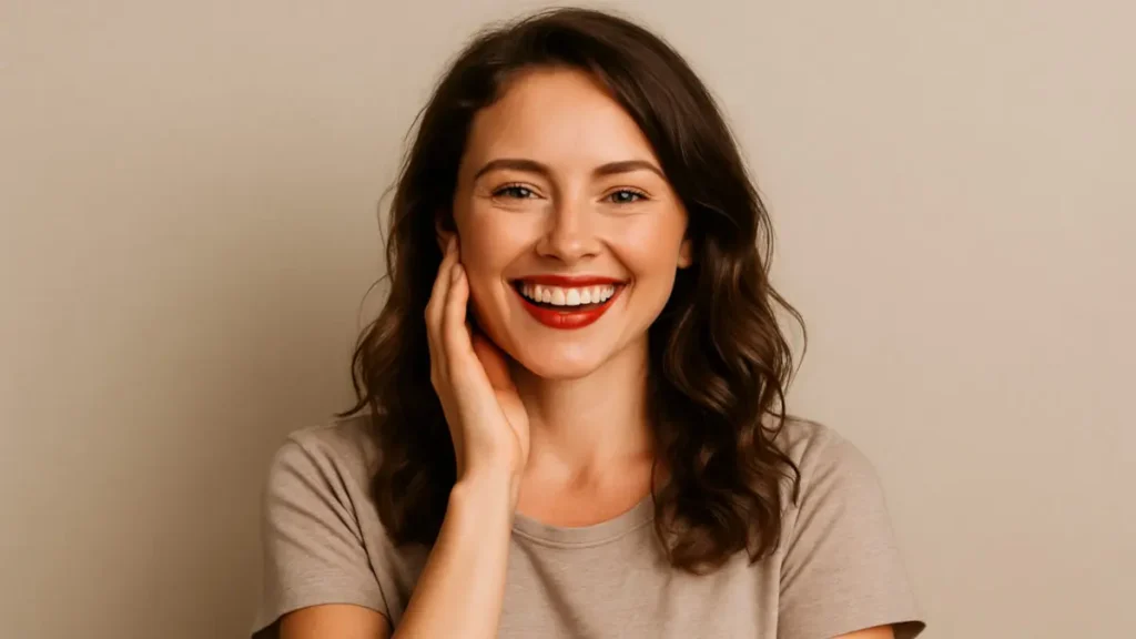 Woman with dark brown hair and a beautiful confident smile with red lipstick holding her hand to her face